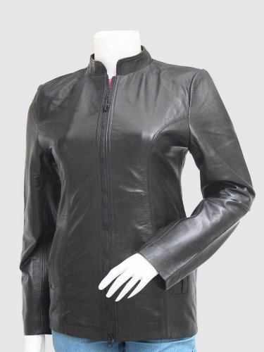 New Leather Jacket Black Color For Women Lapel Collar Zip Pockets Zipper Closure