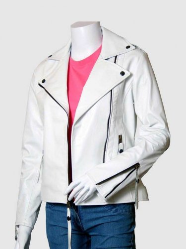 New Leather Jacket White Color For Women  Lapel Collar Zipper pocket & Closure