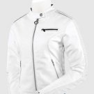 New Leather Biker Jacket White Color For Women  Ban Collar Zipper pocket & Cuff Closure