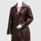 New Long Leather Coat Dark Brown Color For Women  Lapel Collar Button Closure