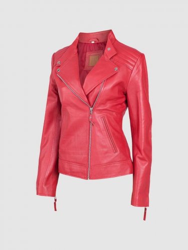 New Biker Leather Jacket Red Color For Women  Lapel Collar Zipper Closure