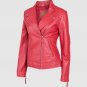 New Biker Leather Jacket Red Color For Women Lapel Collar Zipper Closure