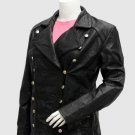 New Military Style Leather Jacket Black Color For Women  Lapel Collar Button Closure