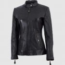 Women Biker Leather Jacket Black Color Ban Collar Zipper Pocket, Cuff, Closure