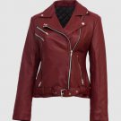Women Biker Leather Jacket Maroon Color For Women  Lapel Collar Zipper Pocket Closure