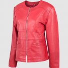 Women Biker Leather Jacket Red Color For Women Collarless Zipper Closure