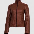 Women Styles Leather Jacket Brown Color Ban Collar Zipper Closure