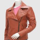 Women Styles Leather Biker Jacket Brown Color Lapel Collar Zipper Closure