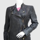Women Styles Leather Biker Jacket Black Color Ban & Lapel Collar Golden Zipper Closure