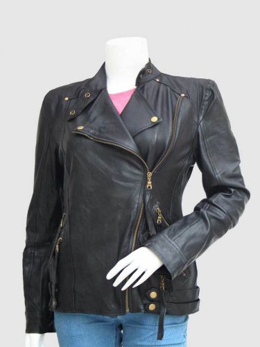 Women Styles Leather Biker Jacket Black Color Ban & Lapel Collar Golden Zipper Closure