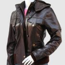 Women Leather Jacket with Hoodie Brown Color Ban Collar Zipper Closure