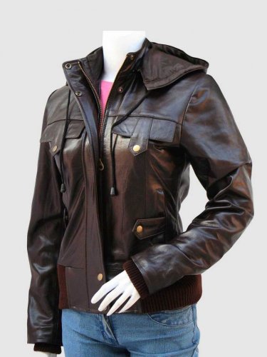 Women Leather Jacket with Hoodie Brown Color Ban Collar Zipper Closure