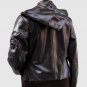 Women Leather Jacket with Hoodie Brown Color Ban Collar Zipper Closure
