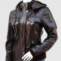 Women Leather Jacket with Hoodie Brown Color Ban Collar Zipper Closure