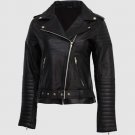 Women Leather Biker Jacket Black Color Lapel Collar Zipper Closure