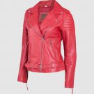 Women Leather Biker Jacket Red Color Lapel Collar Zipper Closure