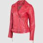 Women Leather Biker Jacket Red Color Lapel Collar Zipper Closure