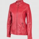 Women Leather Biker Jacket Red Color Band Collar Zipper Closure