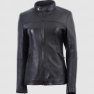 Women Leather Biker Jacket Black Color Band Collar Zipper Closure