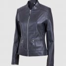 New Women Leather Biker Jacket Black Color Band Collar Zipper Closure