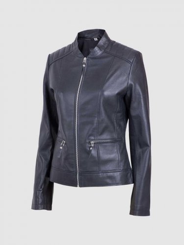 New Women Leather Biker Jacket Black Color Band Collar Zipper Closure
