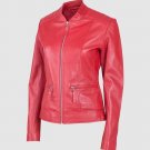 New Women Leather Biker Jacket Red Color Band Collar Zipper Closure