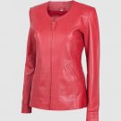 New Style Women Leather Jacket Red Color Neck Collar Zipper Closure