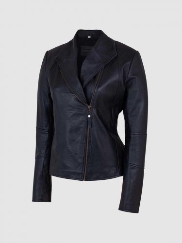 Women Leather Jacket Black Color Coat Collar Full Zipper Closure