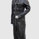 New Style Women Leather Long Coat Black Color Band Collar Belt & Zipper Closure