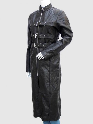 New Style Women Leather Long Coat Black Color Band Collar Belt & Zipper Closure