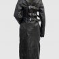 New Style Women Leather Long Coat Black Color Band Collar Belt & Zipper Closure