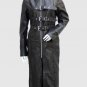 New Style Women Leather Long Coat Black Color Band Collar Belt & Zipper Closure