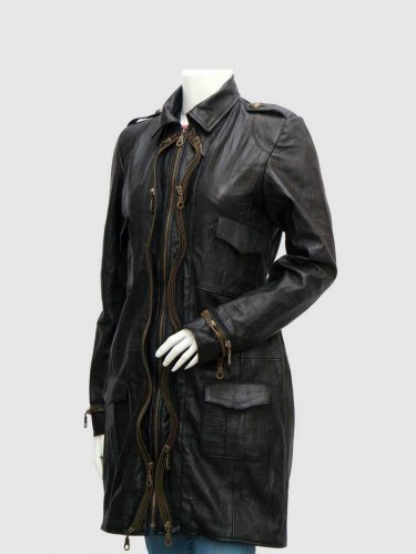 New Zipper Style Women Leather Long Coat Black Color Shirt Collar Zipper Closure