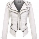 Women Fashion White Studded Perfectly Shaping Stylish Real Leather Jacket
