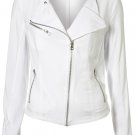 Women White Color Leather Biker Jacket, Zipper Closure Collar less lapel Style