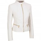 Women White Color Leather Biker Jacket, Golden Zip Band Collar Style