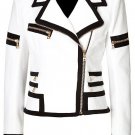 Women White & Black Color Leather Biker Jacket, Multi Zipper Lapel Collar Style