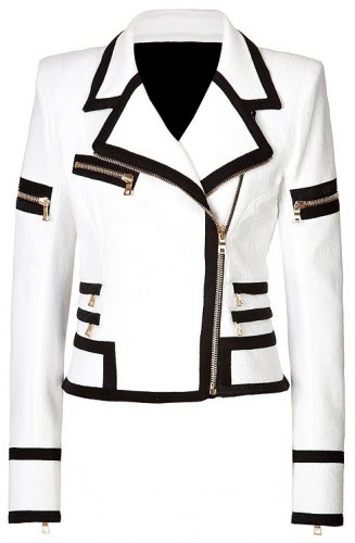 Women White & Black Color Leather Biker Jacket, Multi Zipper Lapel Collar Style