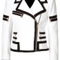 Women White & Black Color Leather Biker Jacket, Multi Zipper Lapel Collar Style