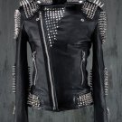 Handmade Women Black Punk Silver Long Spiked Studded Leather Jacket Zipper Closure