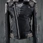 Handmade Women Black Punk Silver Long Spiked Studded Leather Jacket Zipper Closure