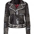 Handmade Woman Philip Plain Black Studded Patches White Lining Leather Jacket