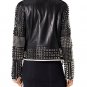 Handmade Woman Philip Plain Black Studded Patches White Lining Leather Jacket