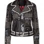 Handmade Woman Philip Plain Black Studded Patches White Lining Leather Jacket