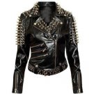 Handmade Woman Plain Black Studded Leather Jacket Spike Belted Studs Zipper Brando Pocket