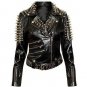 Handmade Woman Plain Black Studded Leather Jacket Spike Belted Studs Zipper Brando Pocket