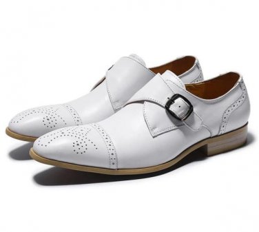 Formal Classy White Single Monk Strap Genuine Leather Brogue Cap Toe Handmade Reliable Shoes