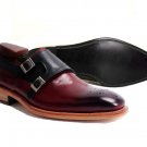 Men Burgundy Black Double Buckle Monk Straps Real Leather Natural Color Sole Brogue Burnished Shoes