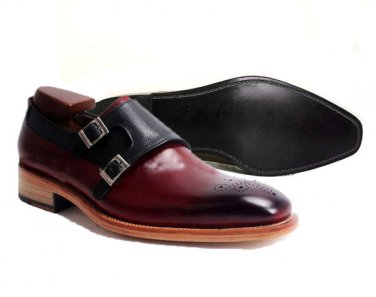 Men Burgundy Black Double Buckle Monk Straps Real Leather Natural Color Sole Brogue Burnished Shoes