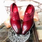 Men's Maroon Double Buckle Strap Burnished Toe Real Leather Handmade Shoes